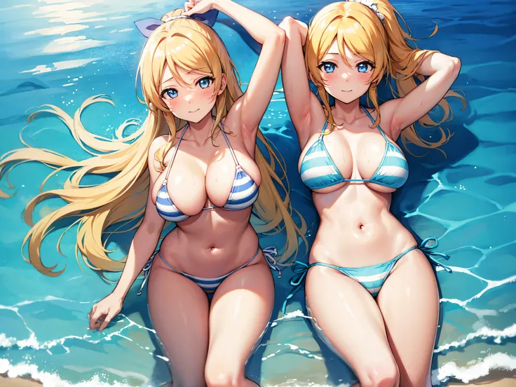 1girl, eliayase, eli ayase, yellow hair, blue eyes, ponytail, hair ribbon, (blush:1.2), smile,
BREAK (Place your hands on your thighs:1.2), (string bikini:1.3), (light blue and white striped swimwear:1.3), huge breasts, Naked, Exposed skin, (Wet skin:1.5),...