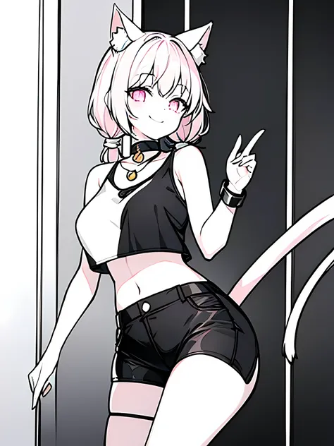 Girl standing, white skin, wearing a tight black croptop, tight black short pants, cat ears accessory with bell on each ear, pink necklace with bell, smiling, white short fluffy hair, 2 pigtails