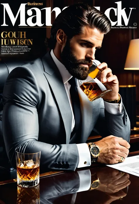 career ，（（（Business magazine cover）））a man, working, drinking a glass of whiskey, black hair, white man, his luxury office, man in suit, beard made, gold watch, dark eyes, strong physique，real skin texture，realistic raytracing，True reflection of light，16K，...