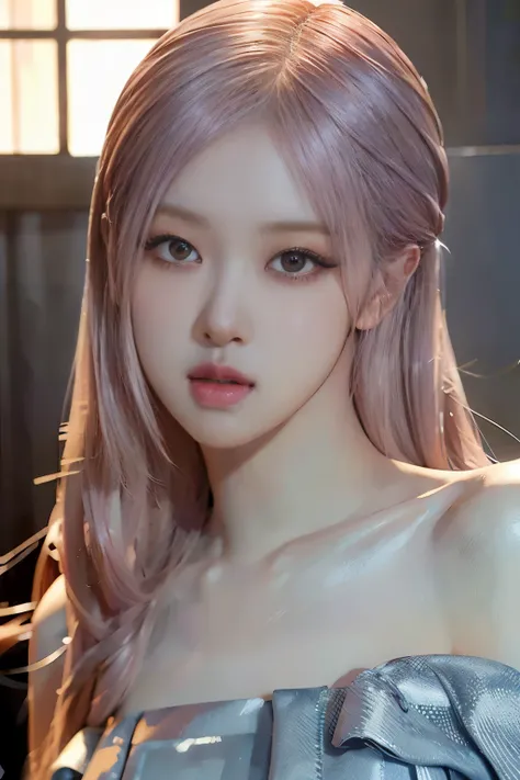 Rose from blackpink, all body picture, pink hair, (full body), standing in casual clothes, shoes on legs, detailed eyes and lips, long eyelashes, beautiful detailed face, realistic posing, studio lighting, vivid colors, ultra-fine painting, professional,fu...