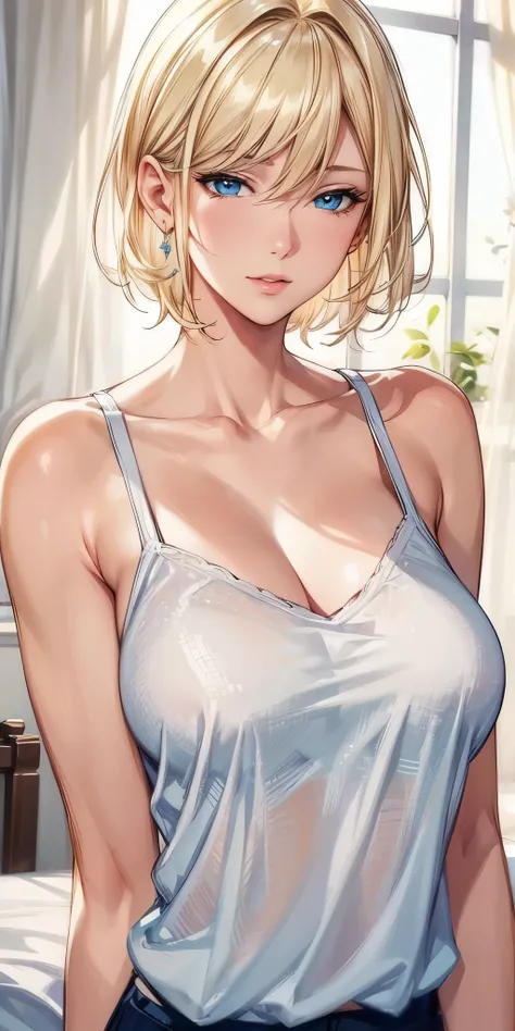 (best quality, highres), portrait, elegant mature woman, blue eyes,blonde hair, big breast, ultra detailed cg 8k, beautiful cg, soft light