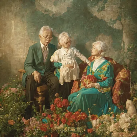 masterpiece, elderly couple, perhaps in their late 40s or early 50s, is tenderly holding a kid dressed in professional office at...