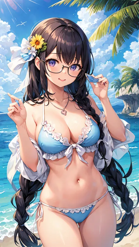 Great masterpiece、Super delicate、1girl in、eye glass、Pure、Braids、a necklace,Fancy Bikini、tongue-out、Cute anime illustration、