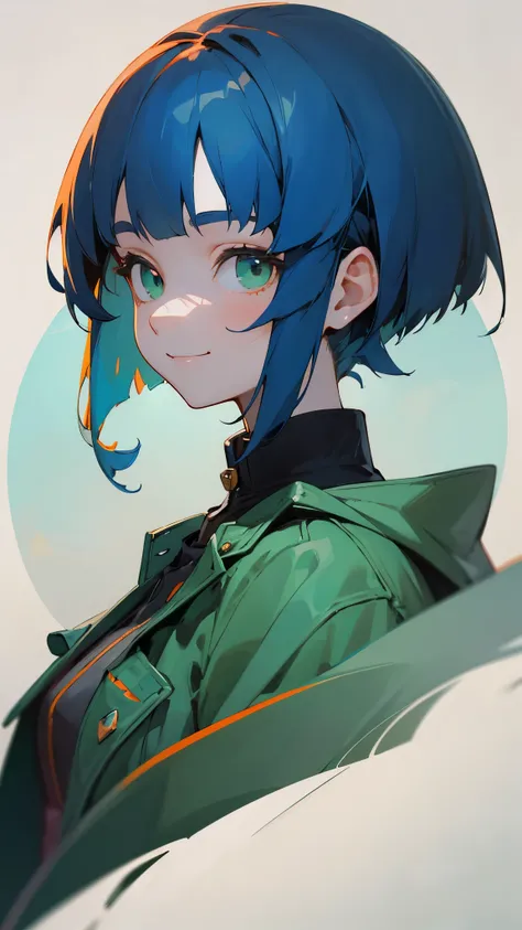 Portrait of one person、16 year old girl、riders jacket、dark blue hair、bob hair、green round eyes、From the side、smile, impression, (Oil), blue and orange tones、Zelda Style