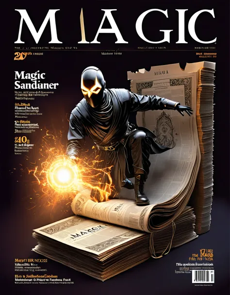 magic magazine cover design, (a three-dimensional man is rushing out on the cover), the action is vivid and realistic, the title...