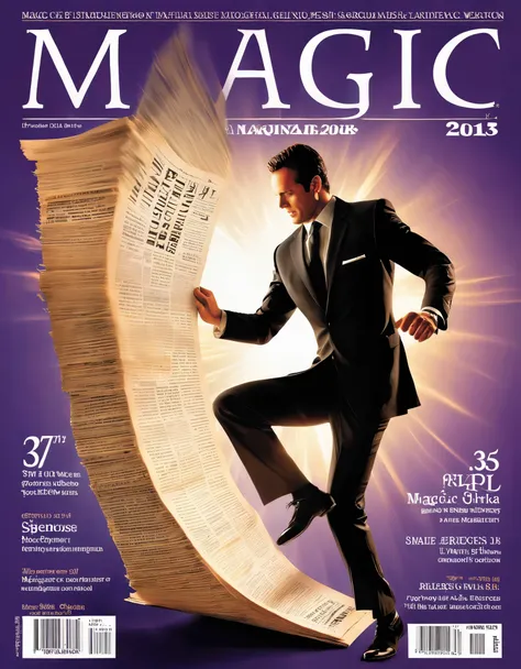 magic magazine cover design, (a three-dimensional man is rushing out on the cover), the action is vivid and realistic, the title...