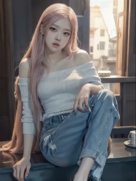 Rose from blackpink, pink hair, (full body), (best quality,4k,8k,highres,masterpiece:1.2),ultra-detailed,(realistic,photorealistic,photo-realistic:1.37),A girl standing by a column in casual clothes off-shoulder blouse, jeans, shoes on legs detailed eyes a...