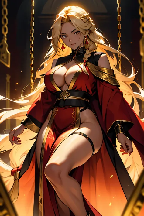 woman, 5 feet in height, very curvy, skin slightly golden, hair is bright gold, eyes are dark gold, wears flowing red robes with gold and black trim, very decorative chain jewelry, long hair in a loose braid