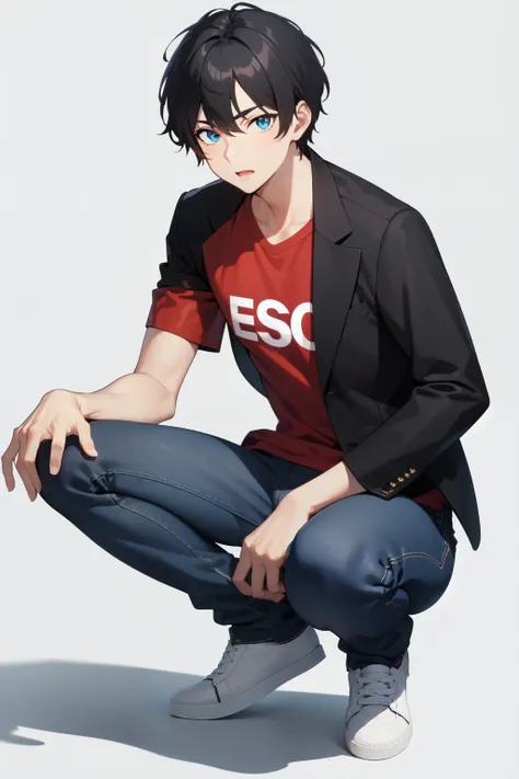 
Short hair,  Esso_Group_,EssoGroupR5, Skin,  Black Jacket, Red T-Shirt, Black Jeans, 1boy, White shoe, Black Hair, Blue eye, Shirt, Full Body, upper body, 