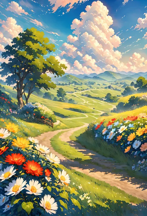 actual, for real, beautiful and stunning landscape oil paintings studio ghibli hayao miyazaki&#39;petal grassland with blue sky ...