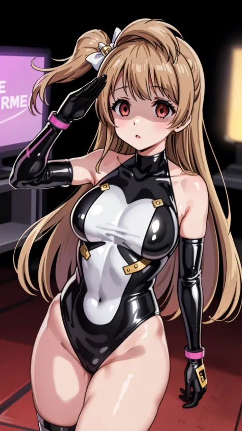 1 girl,NSFW,Kotori Minami ,(lovelive),clavicle, absurd, brainwashing,Combatant, empty eyes,((purple glowing eyes 1.5)),  huge breasts , No expression, emotions removed,(black latex tight bodysuit),avert your eyes , whole body shape, ((stand up, salute)),(h...