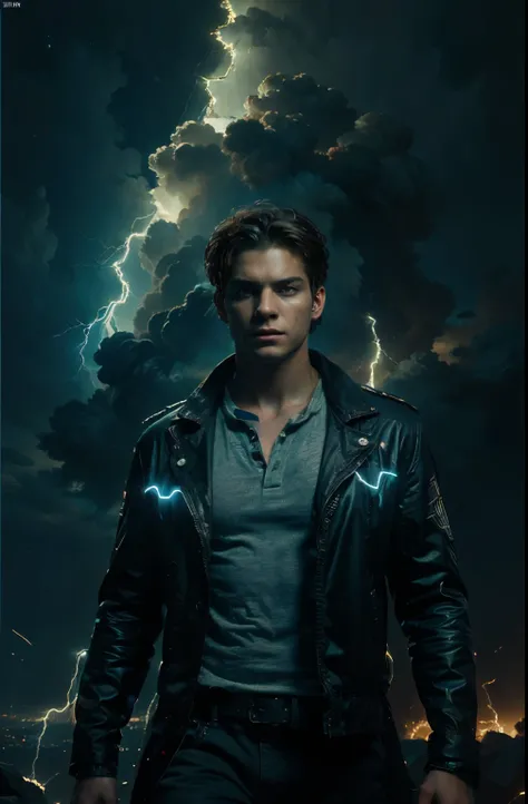 Black Light Art, a boy, glowing eyes, composed of elements of thunder, thunder, electricity, electric elements, lightning art, cloud, octane render, enhance, intricate, (best quality, masterpiece, Representative work, official art, Professional, unity 8k w...