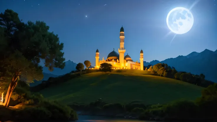 imaginary mosque in the middle of the mountains at night, perfect moon, moon reflection, sky full of stars, shady trees around the mosque, uhd, 4k resolution, super detail pixel, firework on top of mosque 