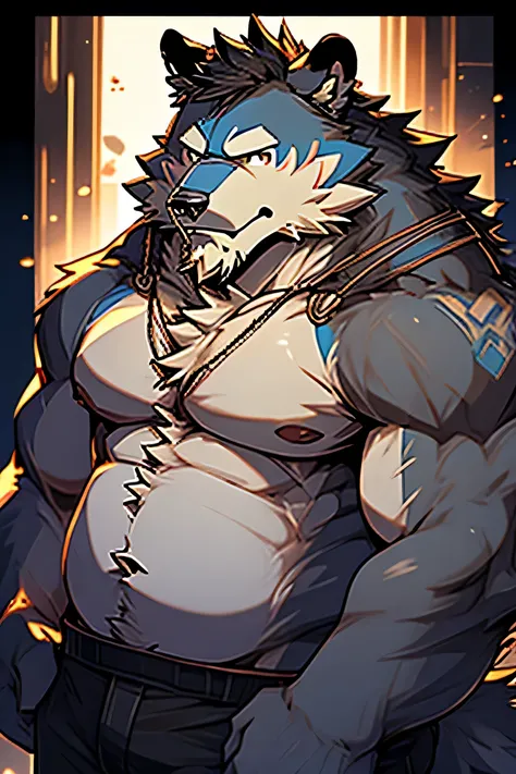 furry wolf-cat-bear hybrid, cerulean indigo fur, mature, old, daddy, chubby cheek, strong jaw, chubby, round belly, shirtless, portrait, black background