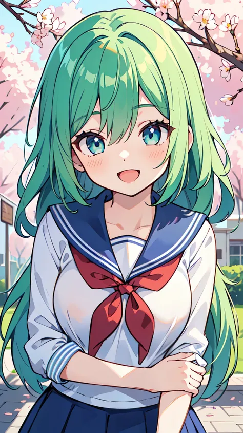 ((A Pretty High School girl with green hair and blue eyes)), ((wearing Sailor suit)), Baby face, ((master piece, top-quality, ultra-definition, high resolution)), anime girl, ((ultra-detailed illust:1.2)), only one person, bangs, hair between eye, beautifu...