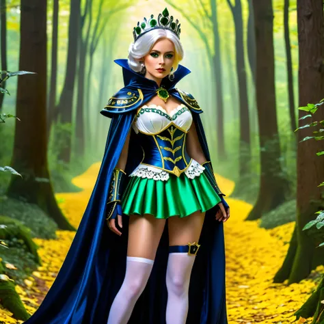 Magazine Cover, (frieren) and (Deedlit) walking through the forest, (full body view), (frieren has twintais, white hair, green epiceyes, pointy ears, wears white capelet, striped shirt, long sleeves, belt, skirt, black pantyhose, boots, earrings), (deedlit...