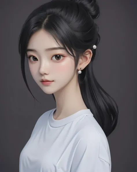 best quality,  cartoon_portrait, 1girl, solo, looking at viewer, simple background, shirt, black hair, brown eyes,  closed mouth, white shirt, upper body, earrings, hair bun,  lips,    