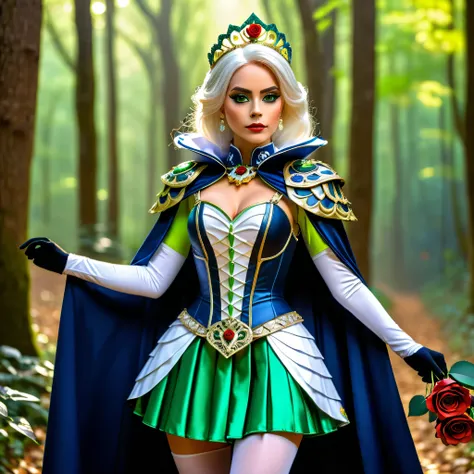 Magazine Cover, (frieren) and (Deedlit) walking through the forest, (full body view), (frieren has twintais, white hair, green epiceyes, pointy ears, wears white capelet, striped shirt, long sleeves, belt, skirt, black pantyhose, boots, earrings), (deedlit...