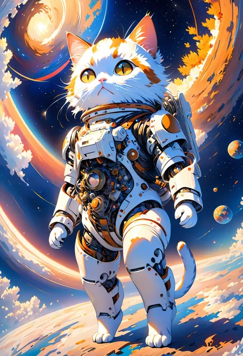 3D rendering,excellent image quality,masterpiece,a space cat,facing the audience,the cat is made up of mechanical parts on one side,the real cat on the other,and the background is in space,