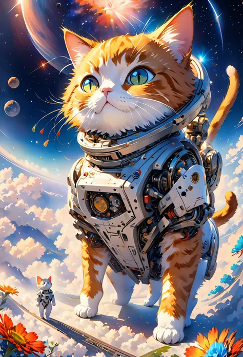 3D rendering,excellent image quality,masterpiece,a space cat,facing the audience,the cat is made up of mechanical parts on one side,the real cat on the other,and the background is in space,