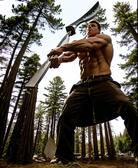 (giant man, axe,chopping down trees),(redwood trees),(massive, muscular)