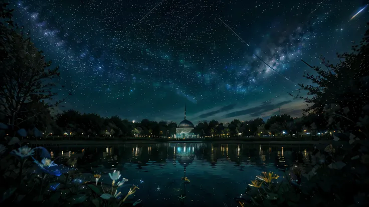 Mosque, main part, Gorgeous, landscape, (((No_HumaNos))), night, flower, flower garden, starry sky, constellation, amazing, Vision, water, Quint, accompaniment, peaceful, meteor, cosmic, magic, magic, detail, Justo, ((Piri Rambos))