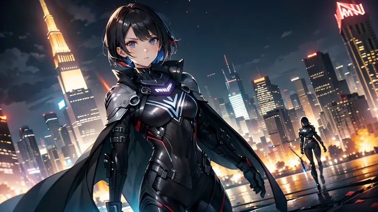 best qualityer，tmasterpiece，Ultimate resolution，downy，Extremely colorful，Colorful，Women combatants，a matural female，Black super short hair，Tight combat suit，tightsuit，Steel City background，the night，Normal posture，Normal posture