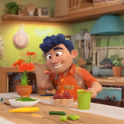 Um padre moreno, baixinho, gordinho, com o cabelo bem raspadinho, estilo disney pixar.