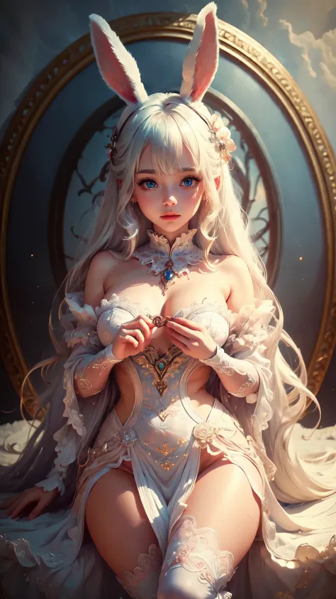 (best quality,4k,8k,highres,masterpiece:1.2),anime,white-haired girl,bunny ears,red eyes,shy blush,,detailed eyes and face,long eyelashes,soft and silky hair,peaceful expression,graceful pose,gentle smile,beautiful detailed lips,vivid colors,fantasy backgr...