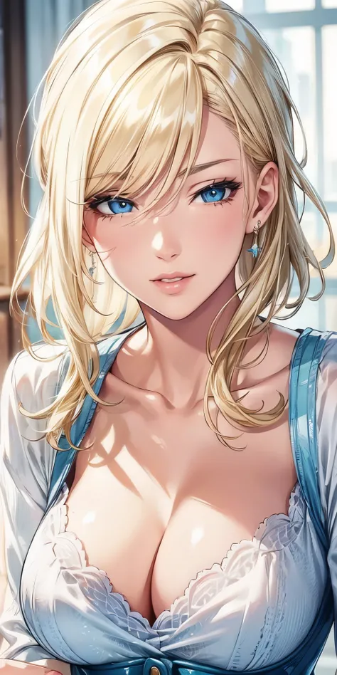 (best quality, highres, realistic), portrait, elegant mature woman, blue eyes,blonde hair, big breast, ultra detailed cg 8k, beautiful cg, soft light