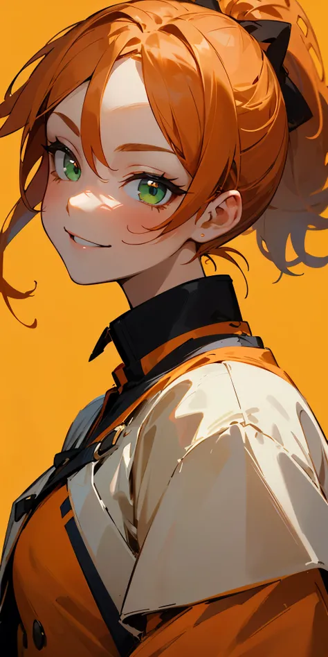 1 girl、one person、orange clothes、orange hair、ponytail、beautiful green eyes、evil smile、strong pleasure on the face、From the side、white uniform with golden decorations、upper body close-up