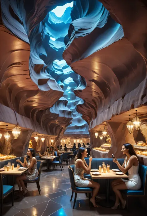 3 girls eating in front table, taking selfie. friends with shopping bags, eating inside of lobby antelope canyon like cafe of ((...