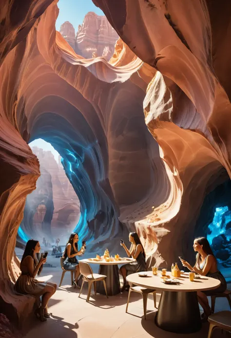 3 girls eating in front table, taking selfie. friends with shopping bags, eating inside of lobby antelope canyon like cafe of ((Masterpiece))underground cave city, gray rocky surface which is covered with a thick layer of dust, futuristic sci-fi masterpiec...