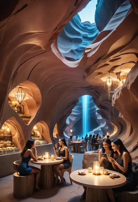 3 girls eating in front table, taking selfie. friends with shopping bags, eating inside of lobby antelope canyon like cafe of ((Masterpiece))underground cave city, gray rocky surface which is covered with a thick layer of dust, futuristic sci-fi masterpiec...
