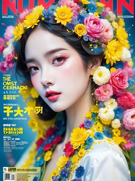 (magazine cover:1.3),ulzzang-6500, (actual: 1.3) (original: 1.2), masterpiece, best quality, beautiful clean face, whole body, 1...