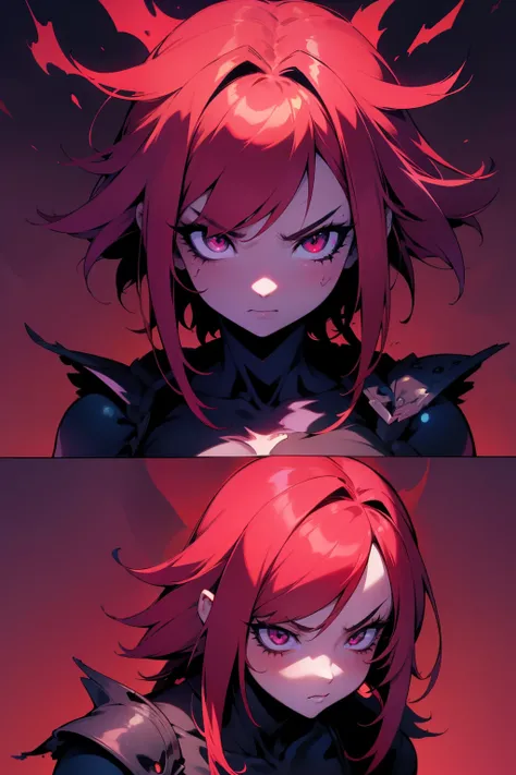 Anime girl in a vg coloring comic, flashy style with dark crimson hues,
Necropunk atmosphere breathing down her spine,
Hellish background engulfing her every feature,
Solarizing masters touch adds an intense contrast,
Dark red and green color palette domin...