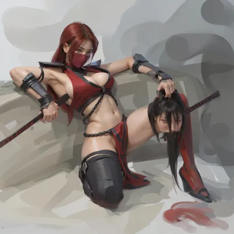 arafed woman in red and black outfit holding one sword in right hand and  holding the severed head of Kitana in left hand, kunoichi, female rouge assassin, female assassin, akali, katanas strapped to her back, badass pose, unsheathing her katana, mk ninja,...