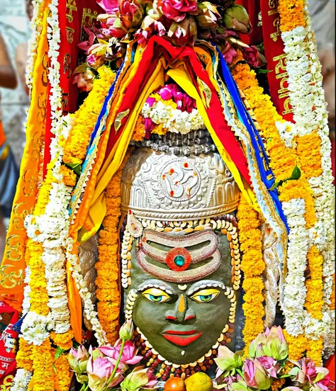 a close up of a statue of a person with a face on it, kalighat hanuman!! head building, attractive male deity, narasimha, indian god, indian goddess of wealth, lord shiva, gorgeous and huge head ornaments, mantis head god temple, hindu god, ornate mask and...