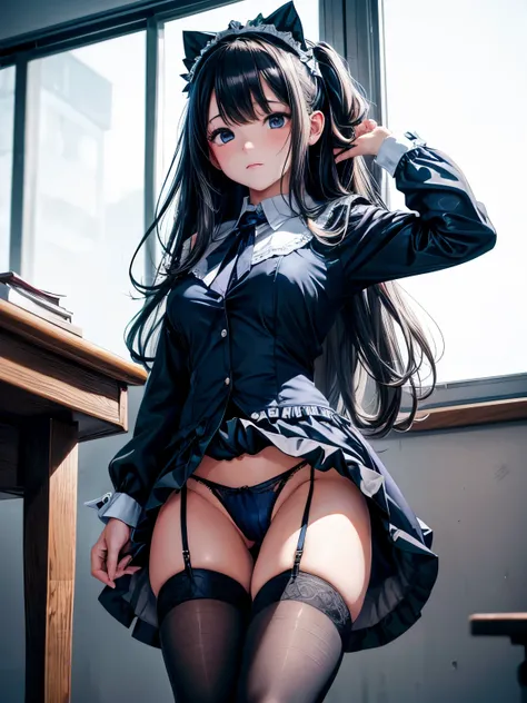 A woman wears a black and white maid outfit and puts her hand in her panties at school, exact number of fingers, Exact number of hands, alone, panties, underwear, skirt, (shiny dark blue satin panties:1.3)、garter belt, embarrassed expression, Thighhighs, s...