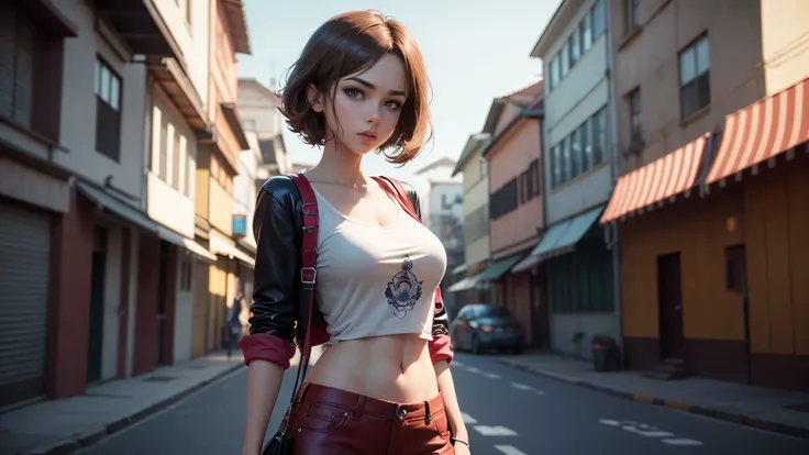 Grande garota de anime posando com blusa vermelha, estilo anime 3 d realista, trends on cgstation, anime 3d realista, [ arte digital 4k ]!!, anime fotorrealista girl render, Bokeh Artgerm 8K, obras de arte no estilo de guweiz, anime fotorrealista, anime hi...