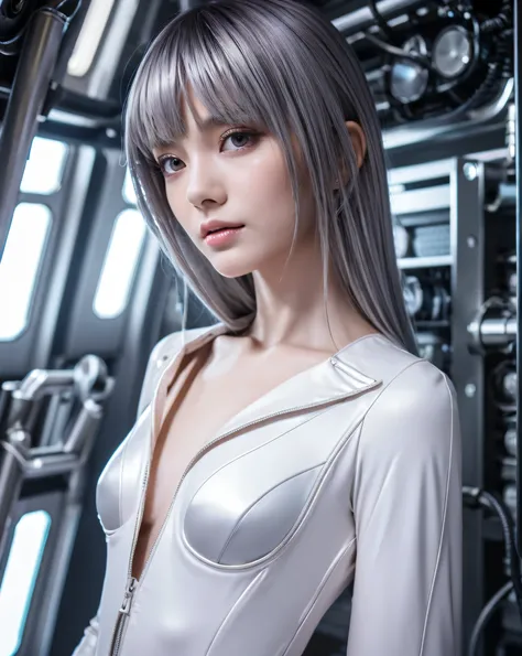 (highest quality, 32k, High resolution, masterpiece:1.5, ), glow issue cut, Cyberpunk world view, science fiction capture, Inside the spaceship, ((girl with mechanical arms and legs)), beautiful japanese woman, 15 years old, cyborg, ((Glowing silver hair, ...