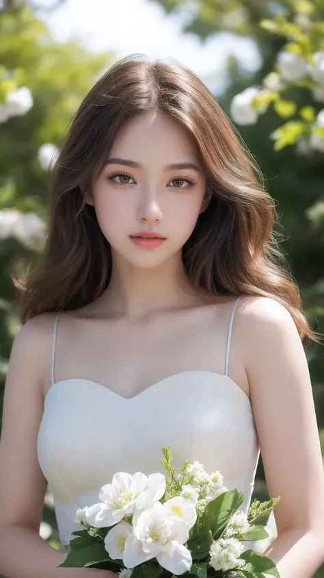 (best quality,Super detailed,lifelike:1.37),bright colors,studio lighting,Beautiful and delicate eyes,Beautiful and delicate lips,Extremely detailed eyes and face,long eyelashes,portrait,light brown hair,confident expression,feminine,standing in the garden...