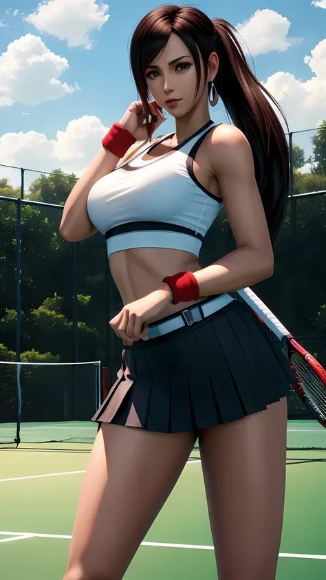 ifa, tifa lockhart, tennis outfit, tennis court, (masterpiece, best quality, high quality, highres),