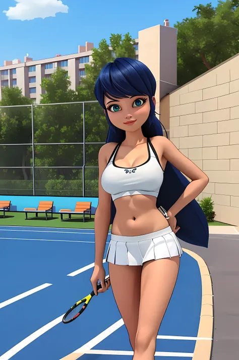 marinette, sexy tennis outfit, tennis court, sexy pose, full body, (8k, RAW photo, best quality, masterpiece:1.2), (intricate details), perfect eyes, perfect face, perfect lighting, beautiful, (masterpiece:1.2), (best quality:1.2), 1girl, solo, , blue hair...