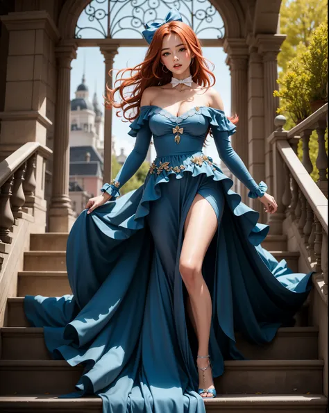 (((redheads))) beautiful thick curly hair (brown-haired), beautiful girl european look (European look), Blue eyes, blue ((Bow on the hair)), ((god)) a slim body
