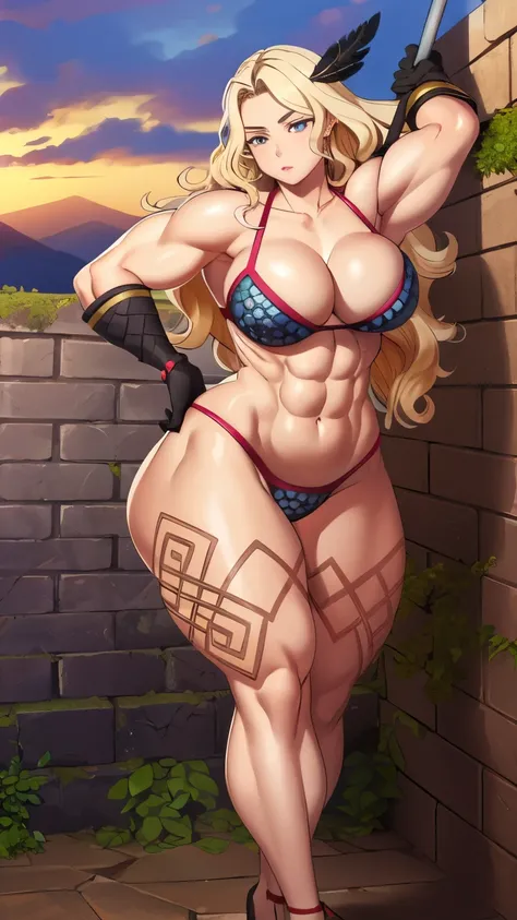 (masterpiece, highest quality:1.2), 1 girl, looking at the viewer, Amazon, Dragon&#39;s Crown, bikini armor, No expression, holding a halberd,  bangles, muscular woman,  chest, black gloves, gloves, thighs, (thick thighs, big ass:1.1), tattoo, belly button...