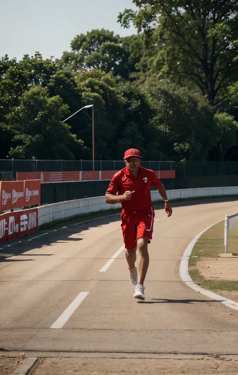 High quality tiger on the race track running in red outfit and cap, 4K, HDR, realista, animal