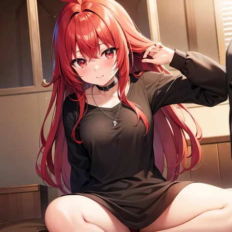 a red hair anime girl blushing by being pet on the head