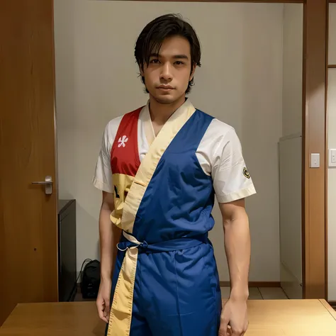 Um homem alto pardo tem a nacionalidade japonesa e brasileiro com roupa social