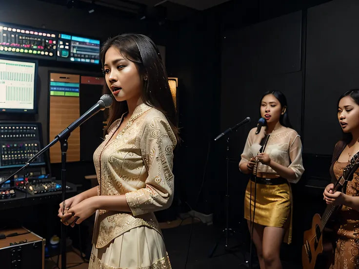 Describe a beautiful and natural Indonesian girl singer wearing a kebaya and skirt singing, accompanied by various musicians behind her. music studio background.